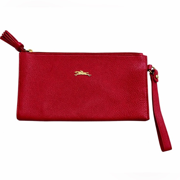 Handbags - Longchamp Red Pebbled Leather Zip Wristlet Clutch Gold Logo